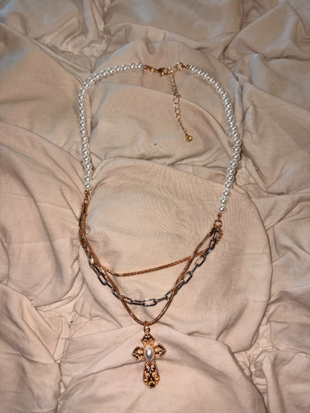 Free People Pearl Mixed Chain Layered Cross Pendant Necklace Coquette